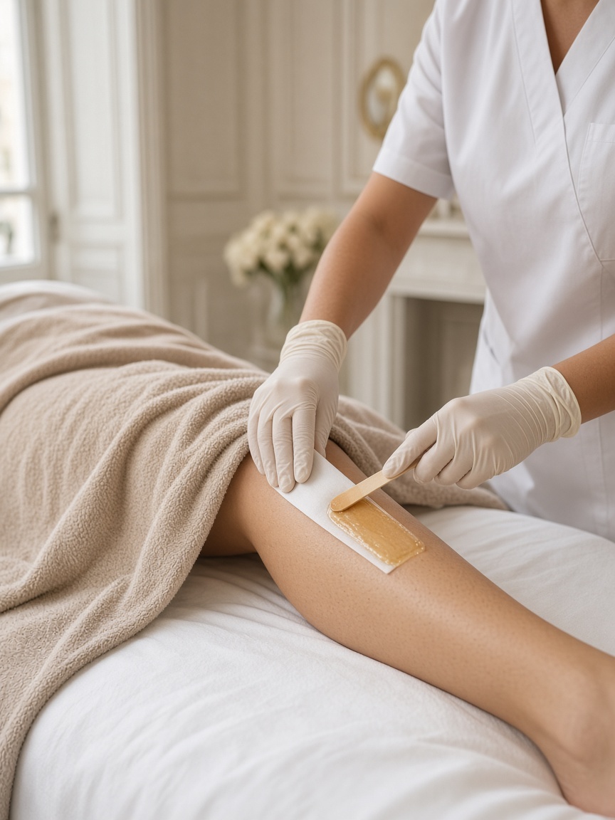 Épilation des jambes à la cire, pendant une séance à l’institut